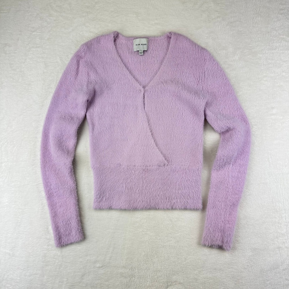 Pink Rose Sweater Womens‎ S Lilac Purple Wrap Front Fuzzy Knit Soft Romantic